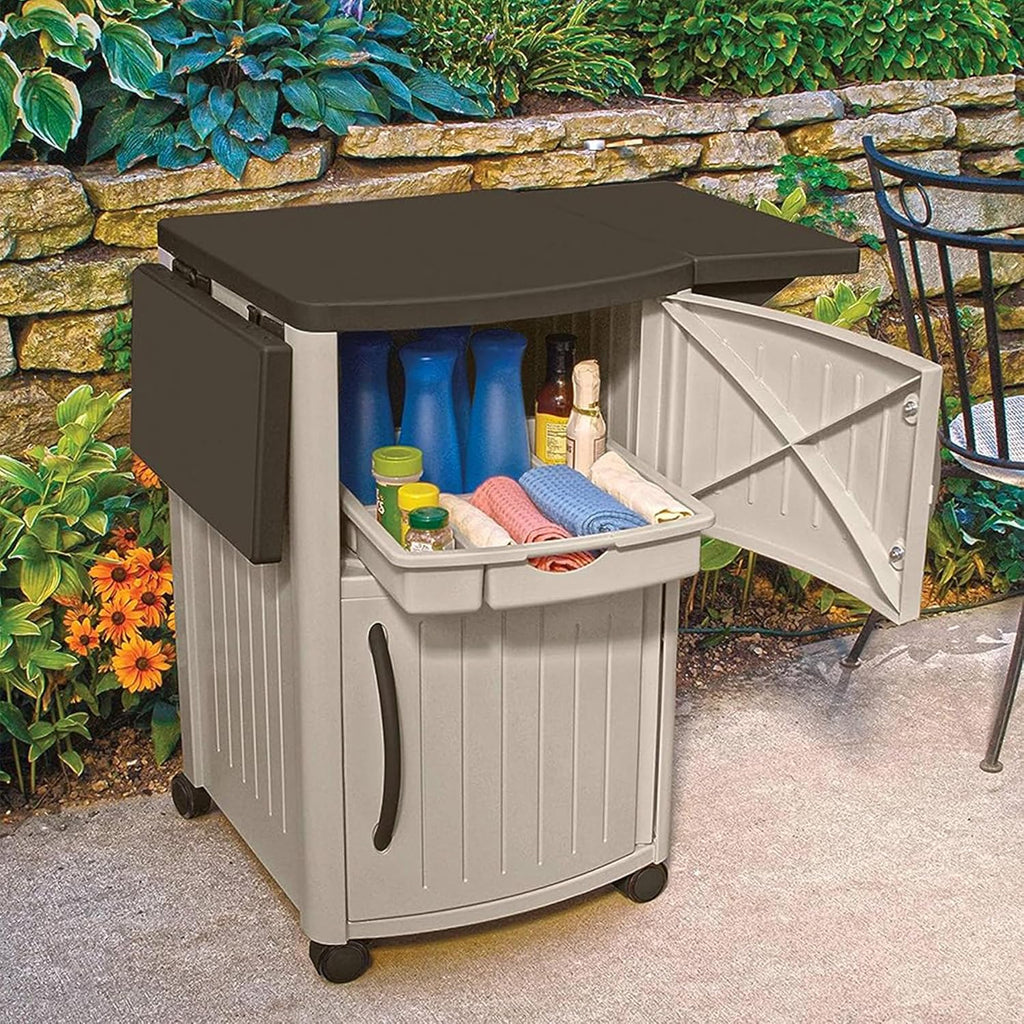 Suncast Outdoor Grilling Prep Station Table with Storage, Taupe/Brown