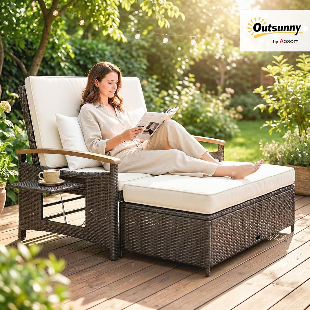 Outsunny Rattan Outdoor Daybed, PE Wicker Patio Loveseat with Storage Ottoman, 4-Level Adjustable Back, Folding Side Trays, Acacia Wood Armrest, Double Sun Lounger with Cushions, Pillows, Beige