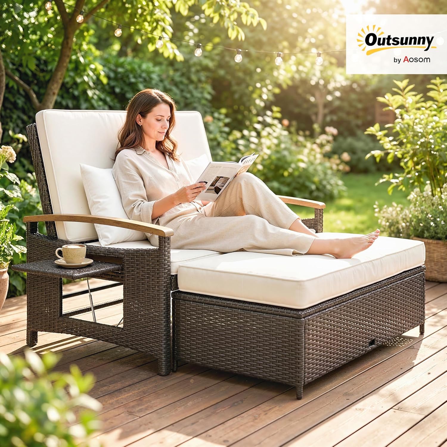 Outsunny Rattan Outdoor Daybed, PE Wicker Patio Loveseat with Storage Ottoman, 4-Level Adjustable Back, Folding Side Trays, Acacia Wood Armrest, Double Sun Lounger with Cushions, Pillows, Beige