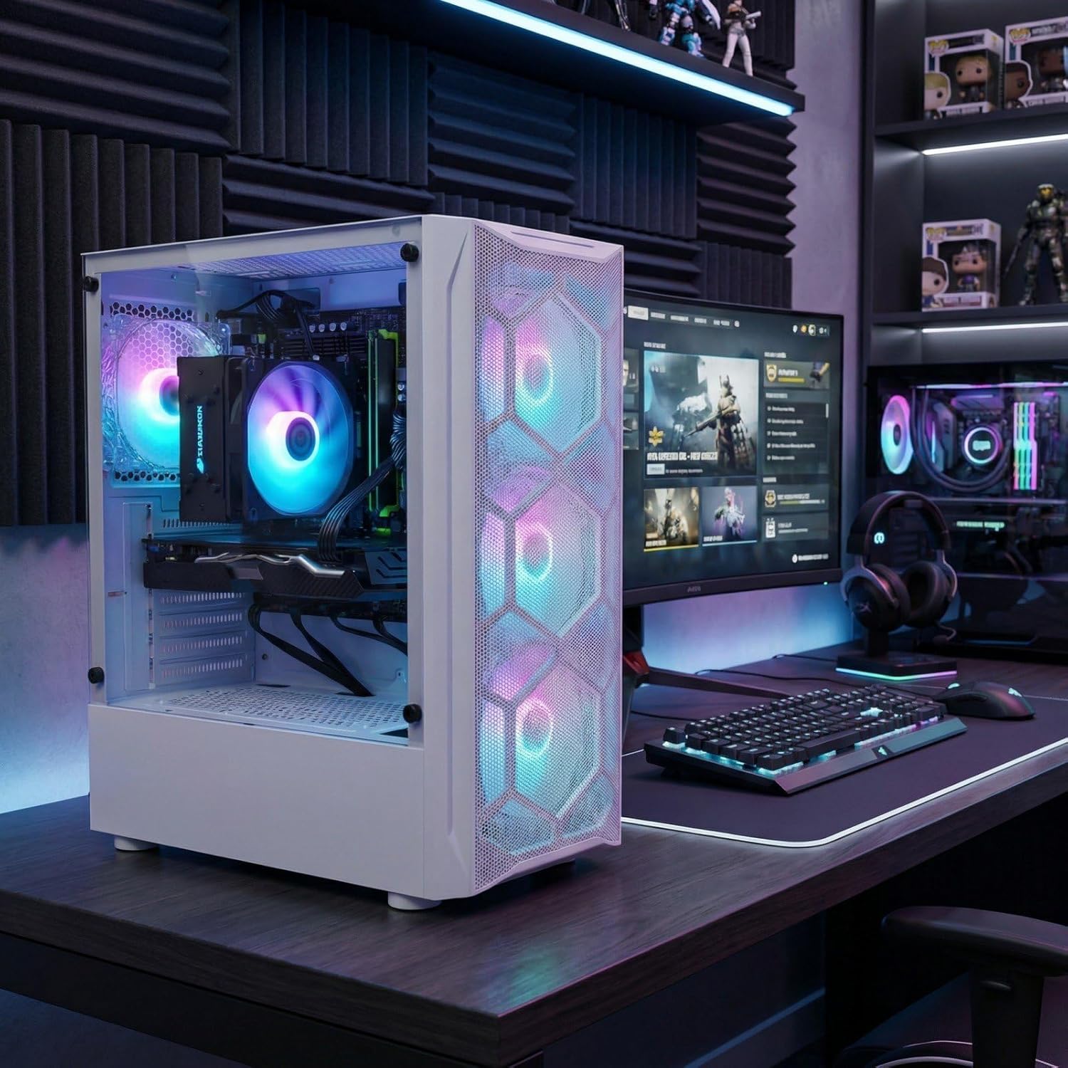 STGAubron Gaming PC Desktop Computer, Intel Xeon E5 2.5G up to 3.3GHz, Radeon RX 590 8G, 32GB RAM, 1TB SSD, WiFi, BT 5.0, RGB Fan x4, Windows 11 Home,White