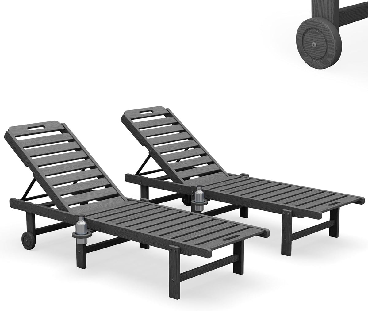 SERWALL Outdoor Chaise Lounge Set of 2, All-Weather HDPE Pool Lounge Chairs with 5-Position Adjustable Reclining Backrest, Rolling Wheels & Cup Holder for Poolside, Grey