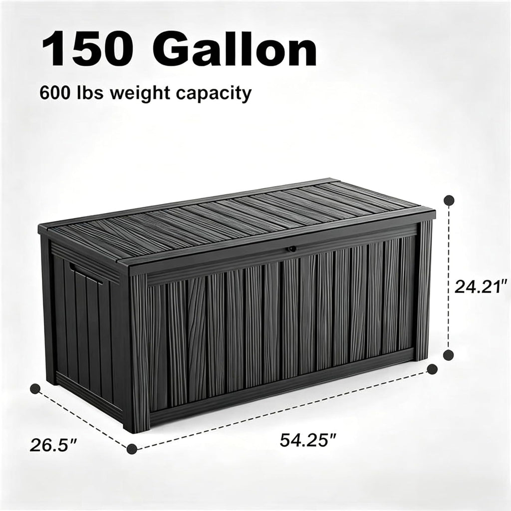 150 Gallon Large Outdoor Storage Box Waterproof, UV Resistant Resin Deck Box with Hydraulic Rod & Lockable Latch for Patio Furniture, Outside Storage Box for Garden Tools, Patio Cushions, Black