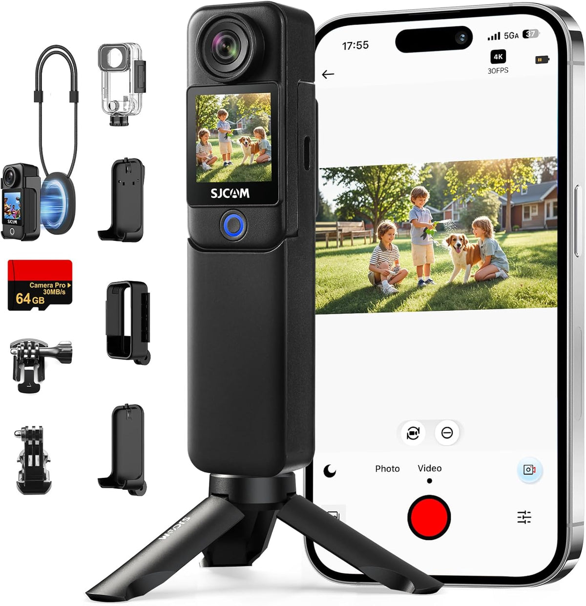 SJCAM C300 Pocket Vlog Camera,4K Small Action Cam with Dual Touch Screens, 6-Axis Anti-Shake, 154° Wide-Angle Lens, Magnetic Wearable Body Cam, Waterproof for Underwater & Sports, Included Accessory