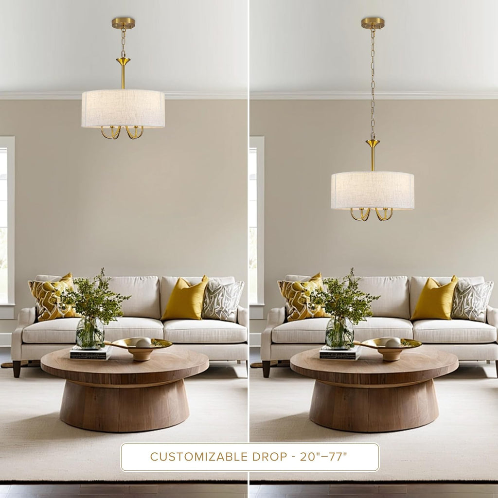 Drum Chandelier for Dining Room, 4-Light Modern Farmhouse Gold Chandelier with Linen Drum Shade, 16" Hanging Pendant Ceiling Light Fixture for Kitchen Island Bedroom Living Room