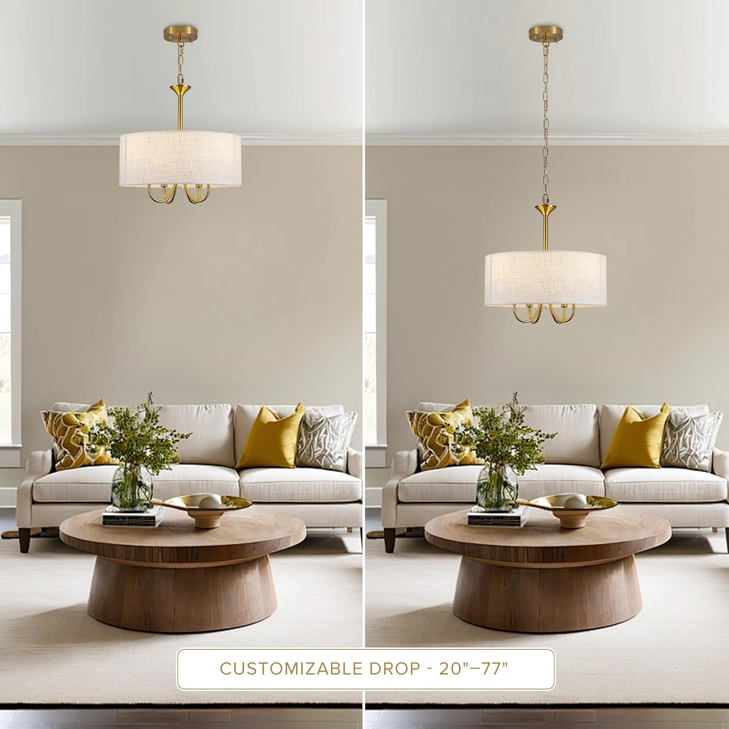 Drum Chandelier for Dining Room, 4-Light Modern Farmhouse Gold Chandelier with Linen Drum Shade, 16" Hanging Pendant Ceiling Light Fixture for Kitchen Island Bedroom Living Room