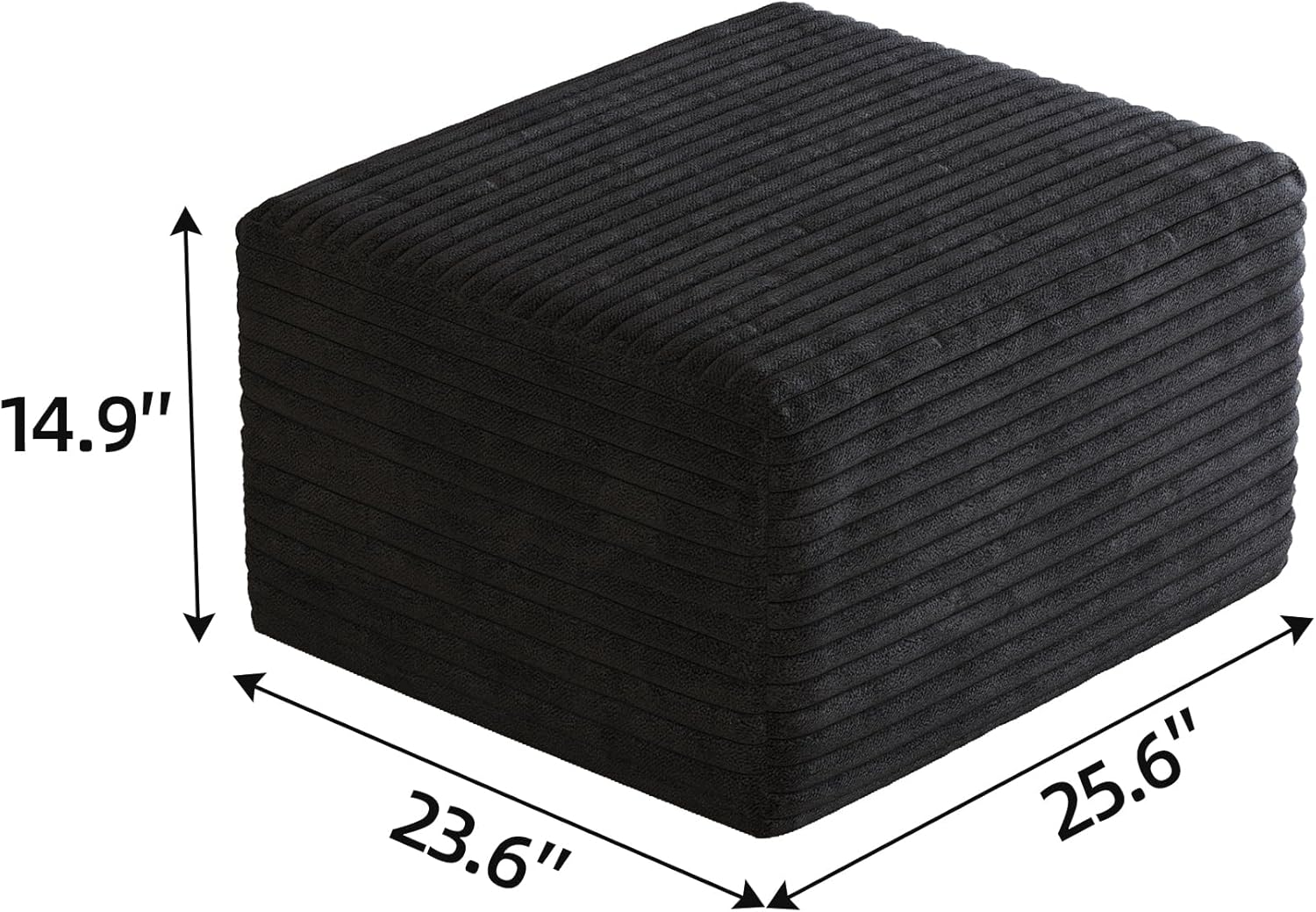 JINGLING 25.6 Inch Plush Corduroy Ottoman, Modular Sectional Foot Rest for Living Room, Upholstered Cloud Ottoman for Boneless Couch in a Box, Compressed Memory Foam, No Assembly Require, Black