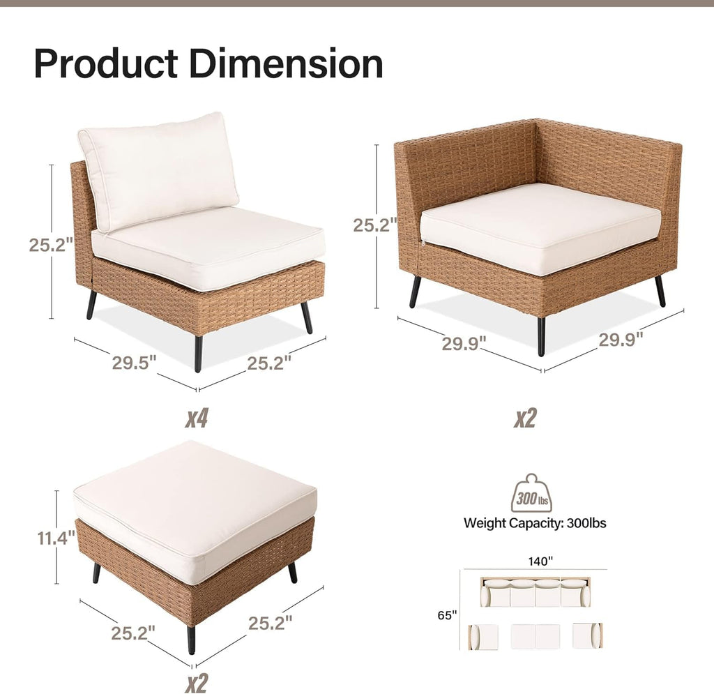 EO Living 8-Piece Patio Furniture Set, Outdoor Sectional Sofa PE Rattan Outdoor Patio Furniture with Thick Cushions, All Weather Patio Conversation Sets for Garden, Poolside, Backyard(Beige)