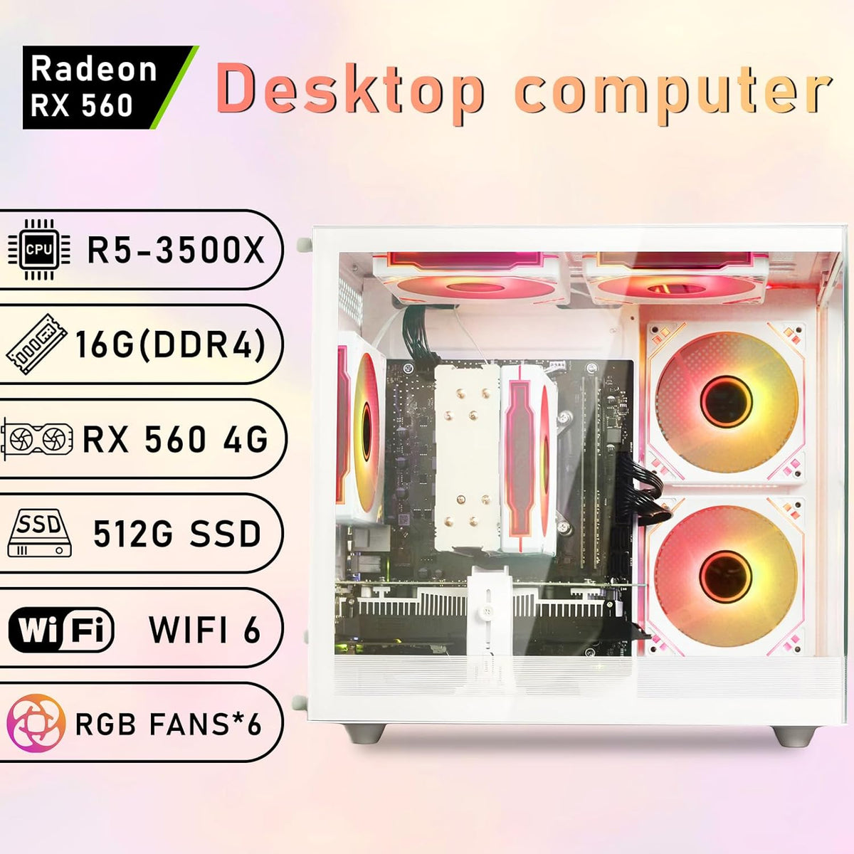 suevery Prebuilt Gaming PC |16G RAM | AMD Ryzen5 6Cores 3.6G Up to 4.1G | 512G SSD | Radeon 4G Graphics Gard | Wi-Fi 6 White Tower Desktop Computer Gamer Home