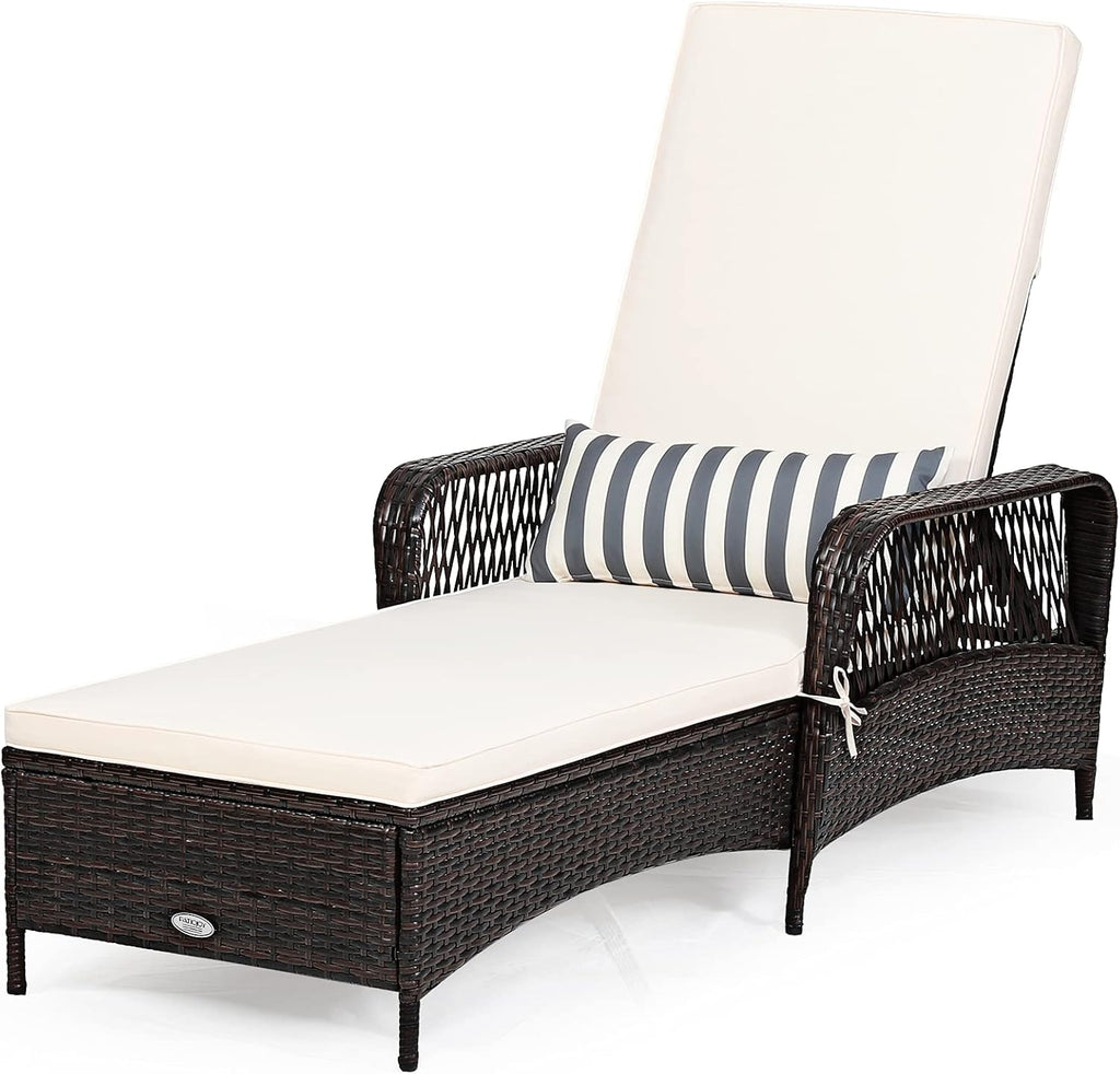 COSTWAY PE Rattan Chaise Lounge Chair, 6 Gear Adjustable Recliner with Armrest & Pillow, Wicker Outdoor Furniture for Deck, Patio (1, Brown)