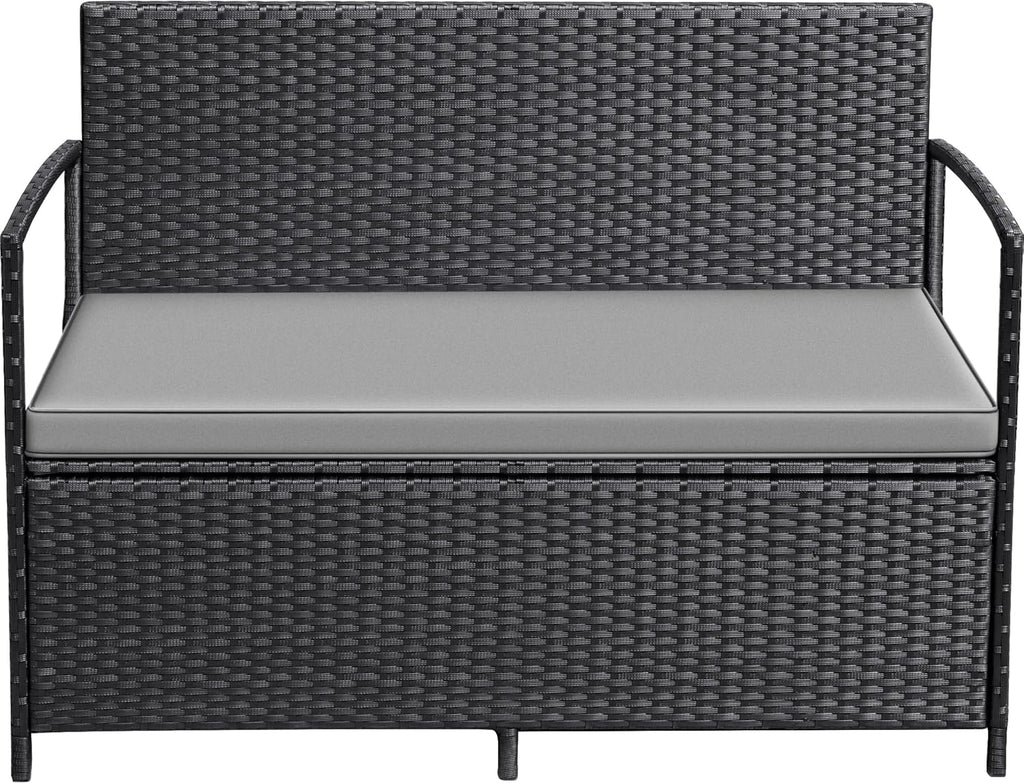 Greesum Patio Loveseat PE Rattan Wicker Outdoor Furniture with Soft Cushions & Built-in Storage Space for Lawn Garden Backyard, Black