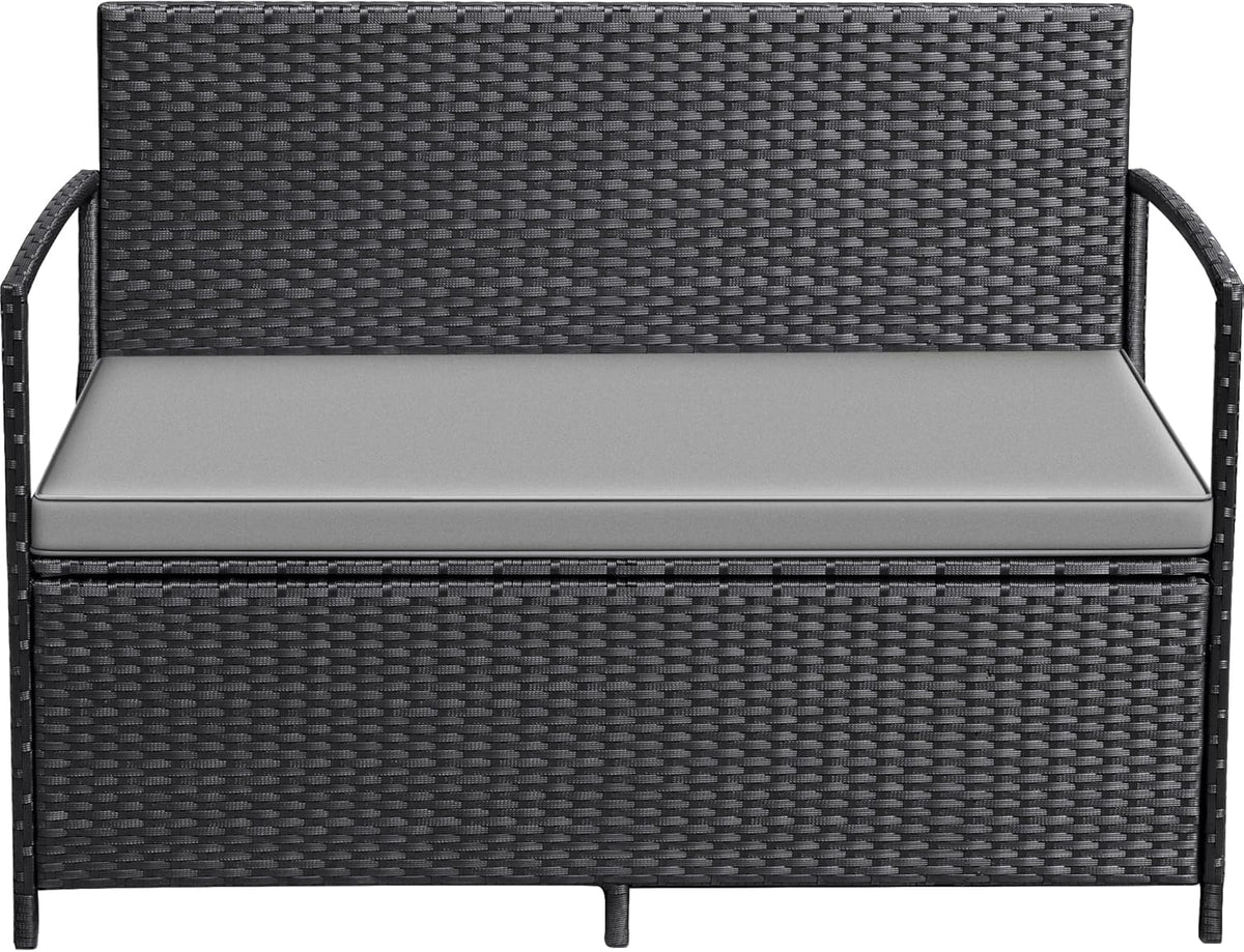 Greesum Patio Loveseat PE Rattan Wicker Outdoor Furniture with Soft Cushions & Built-in Storage Space for Lawn Garden Backyard, Black