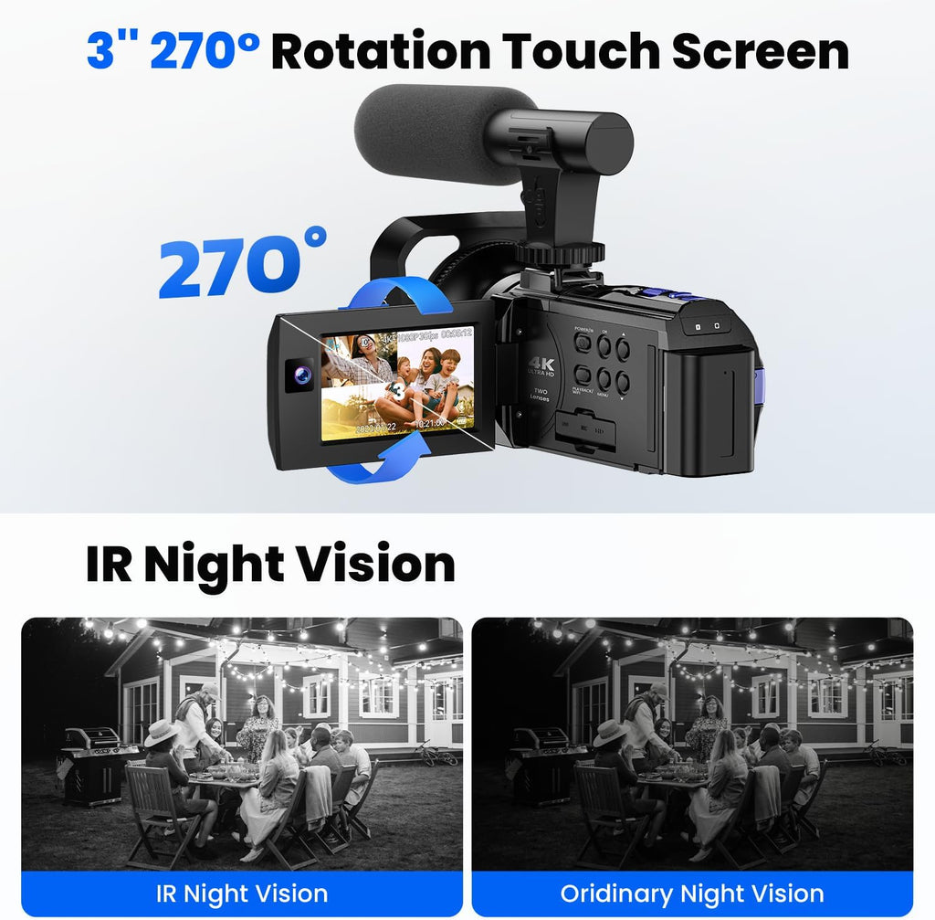 Camcorder Video Camera 5K 56MP - Dual Lens Vlogging Camera for YouTube with Night Vision 16X Digital Zoom 3" 270° Flip Touchscreen, 64GB Card, Microphone, Remote - Video Recorder for Content Creators