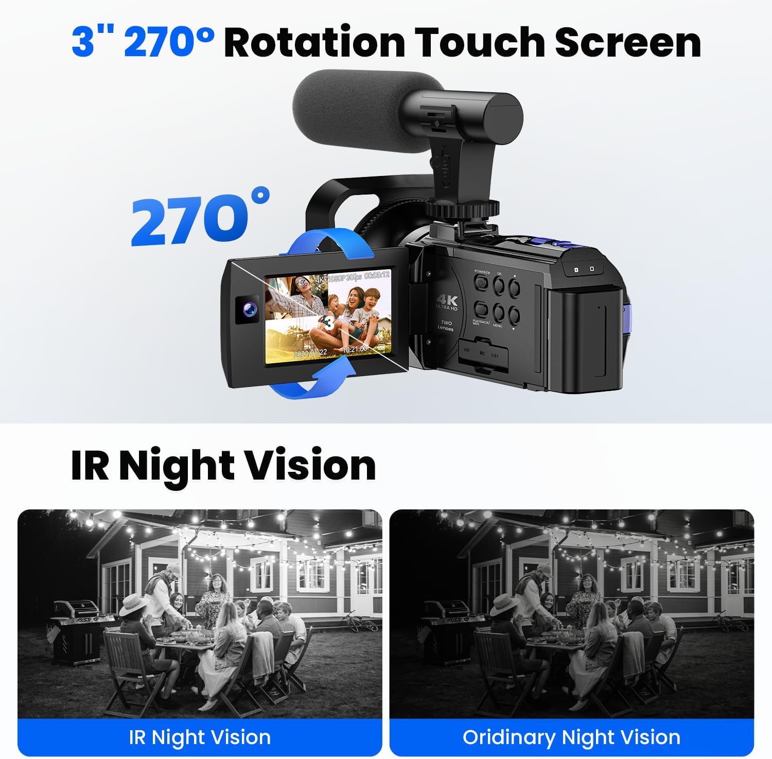 Camcorder Video Camera 5K 56MP - Dual Lens Vlogging Camera for YouTube with Night Vision 16X Digital Zoom 3" 270° Flip Touchscreen, 64GB Card, Microphone, Remote - Video Recorder for Content Creators