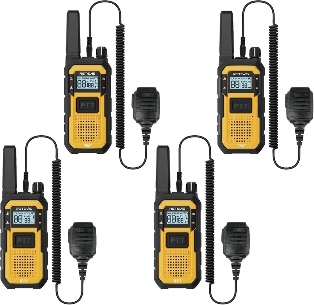 Retevis RB48 Walkie Talkies Long Range, 2 Way Radio with Shoulder Mic, IP67 Waterproof, 2000mAh, Vibration Reminder, Emergency, NOAA, Heavy Duty Two Way Radios(4 Pack)