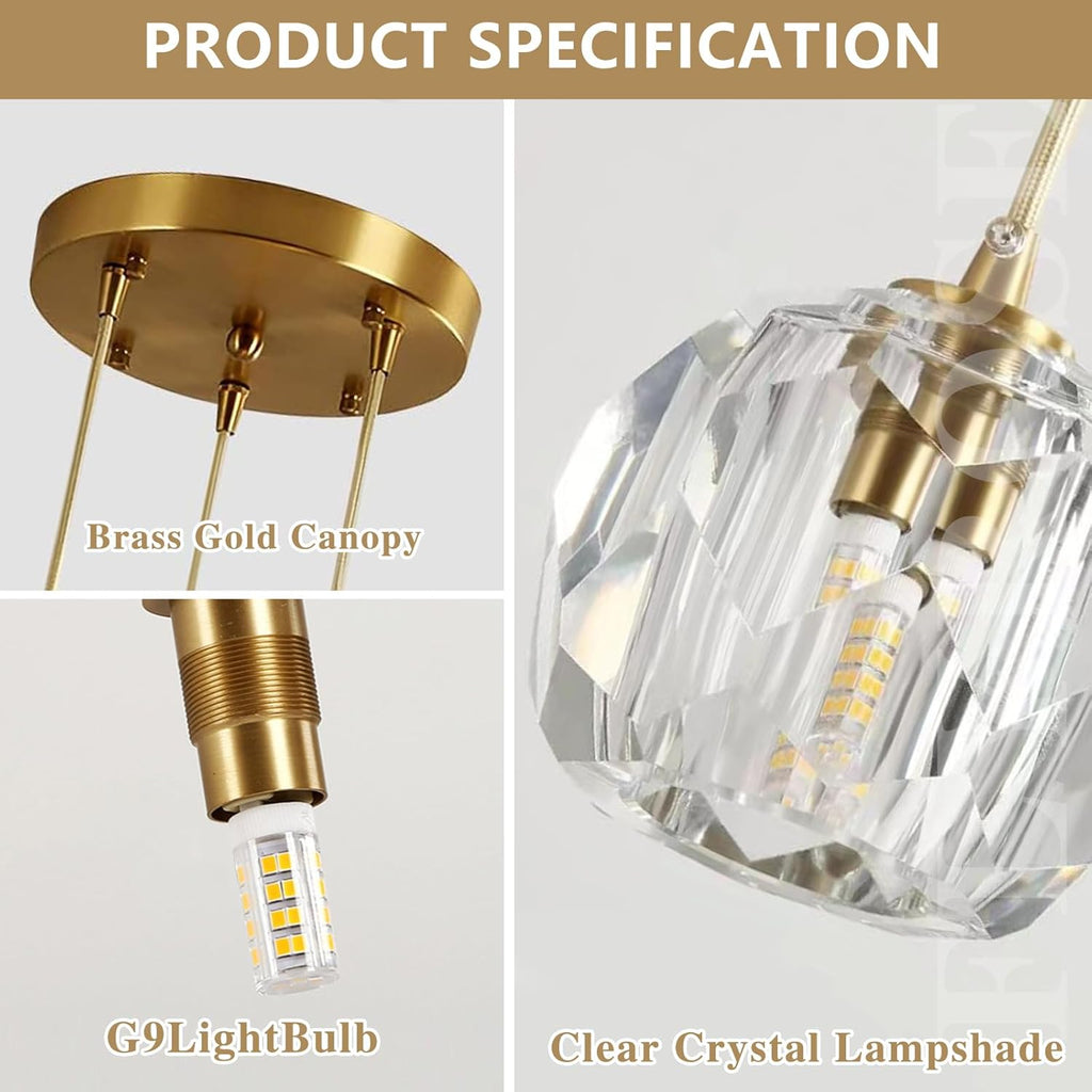 3-Light Cluster Pendant Lighting Crystal Chandelier Gold Hanging Pendant Light Fixture Mid Century Modern Multi Light Pendant Lighting for Dining Room Kitchen Island Bedroom