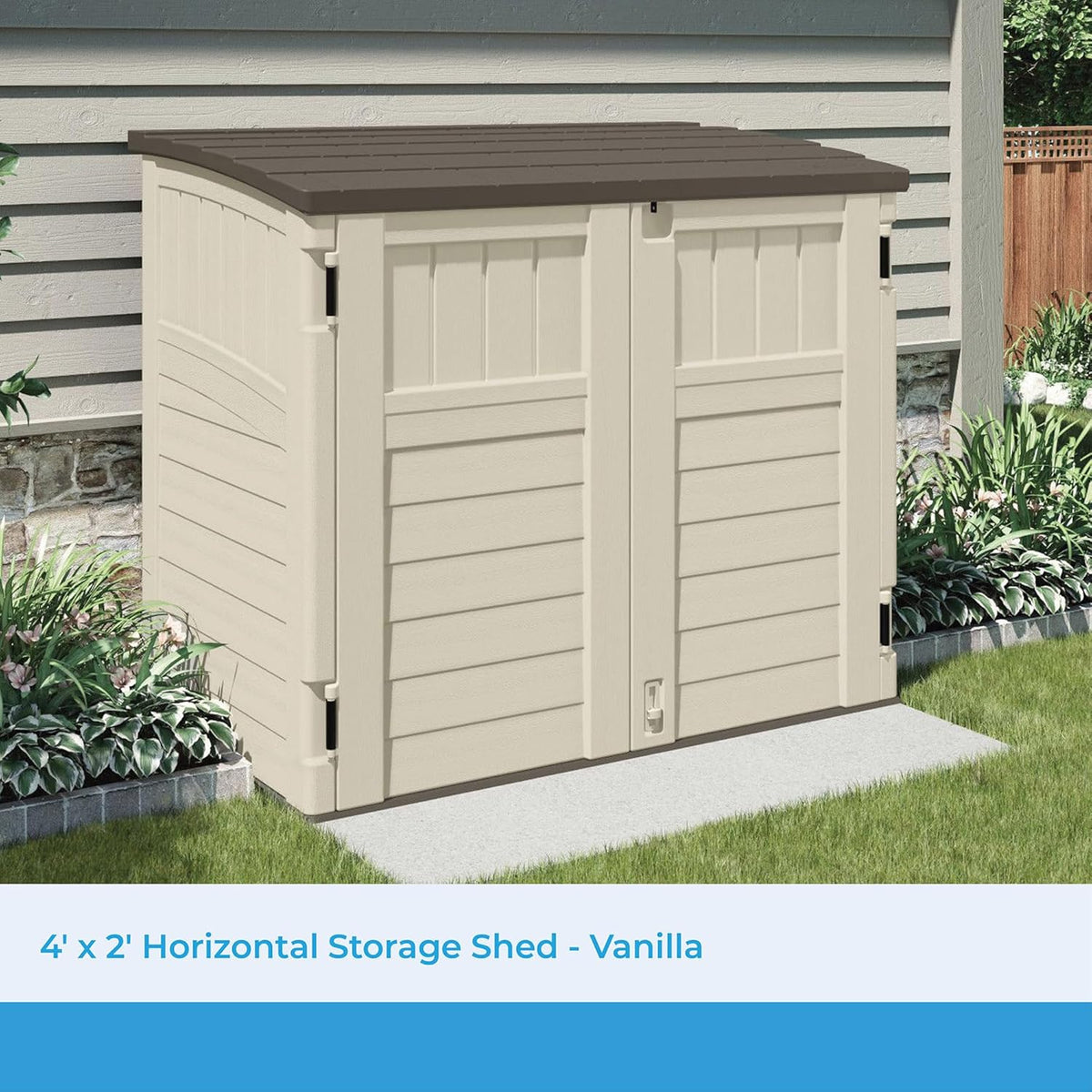 Suncast 34 Cu Ft Horizontal Resin Storage Shed - Outdoor Storage Shed with Floor Included, Lockable, Weatherproof, Fits Small to Medium Trash Cans, Generators, & Garden Tools, Vanilla Stoney