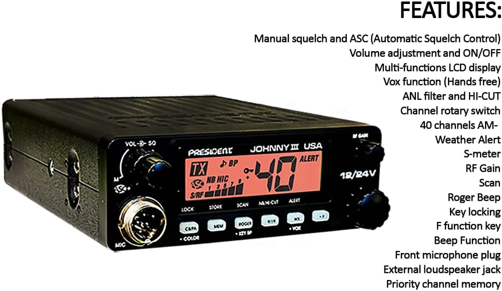 President Johnny III USA 40 Channel CB Radio 12 or 24V, Black