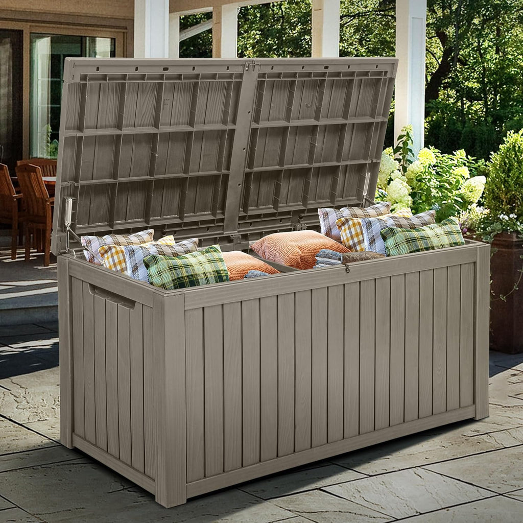 YITAHOME 220 Gallon Large Outdoor Storage XL Deck Box w/Divider for Patio Furniture,Outdoor Cushions, Garden Tools, Sports Equipment and Pool Supplies, Waterproof, Resin, Lockable, Taupe