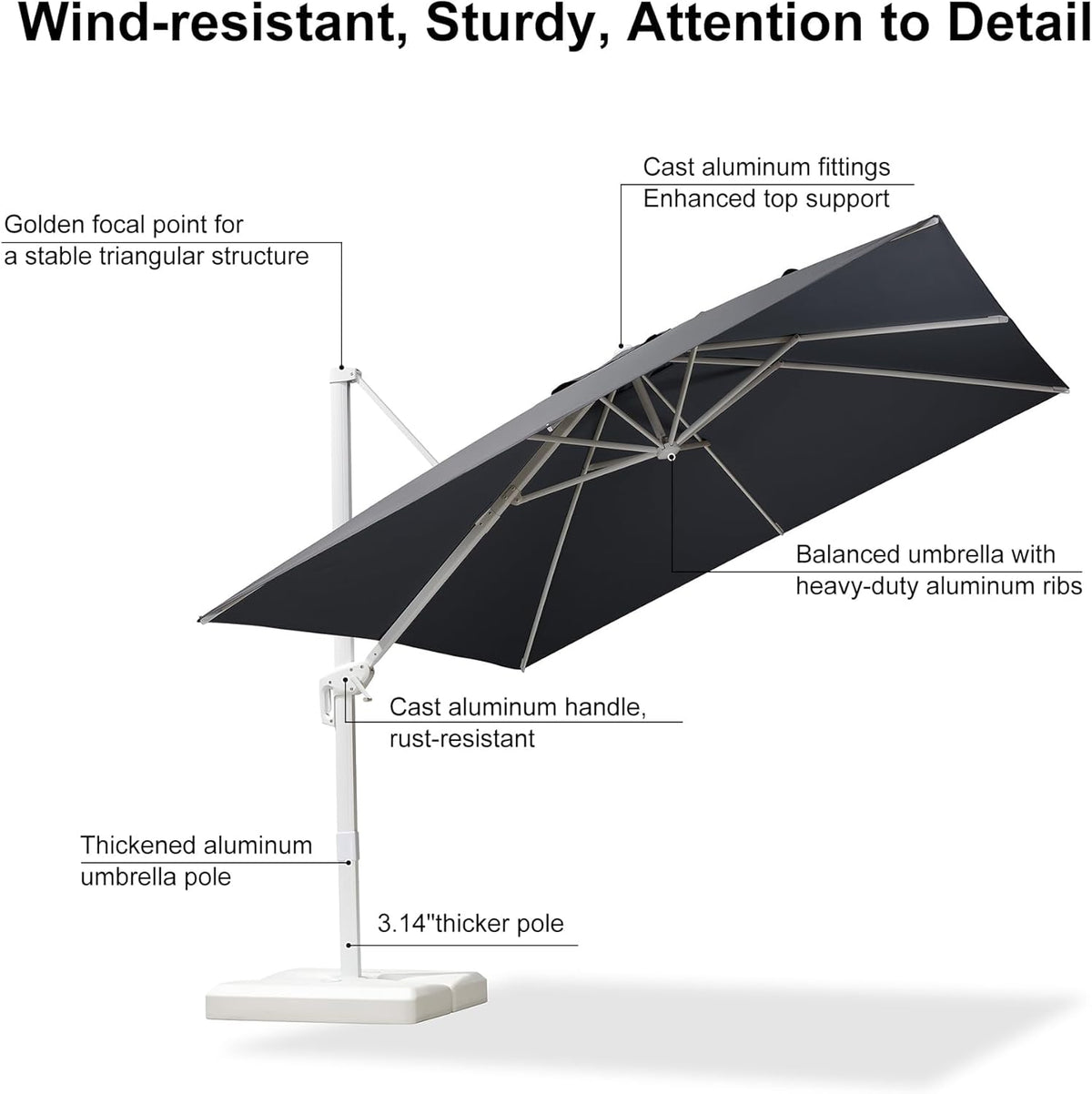 PURPLE LEAF 9 FT White Patio Umbrella With Base Cantilever Umbrella Outdoor Square Offset Umbrella Windproof with 360° Rotation for Deck Garden Pool, Light Grey