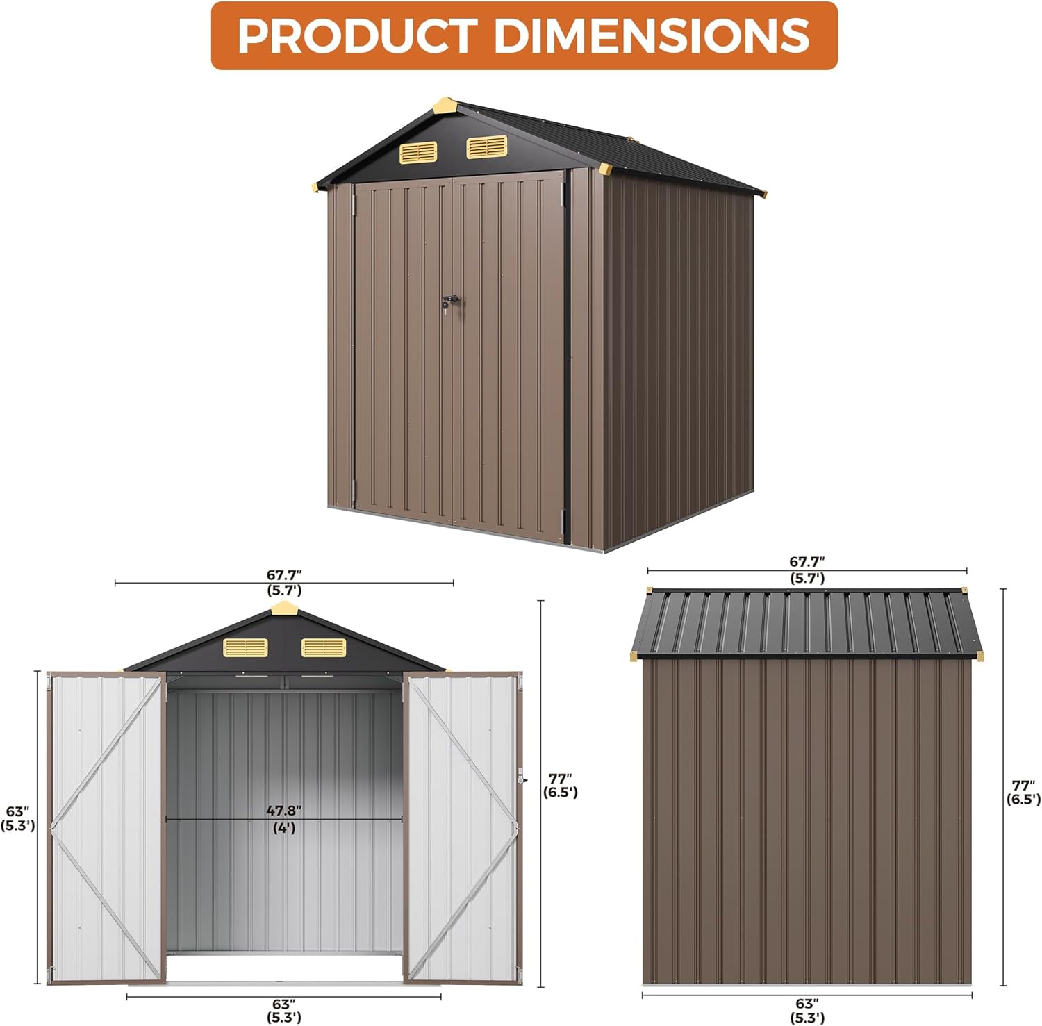 IRONCK 5.7x5.7FT Outdoor Storage Shed, Metal Garden Tool Shed with Breathable Vent and Lockable Doors, Outside Storage for Backyard, Poolside, Patio, Brown