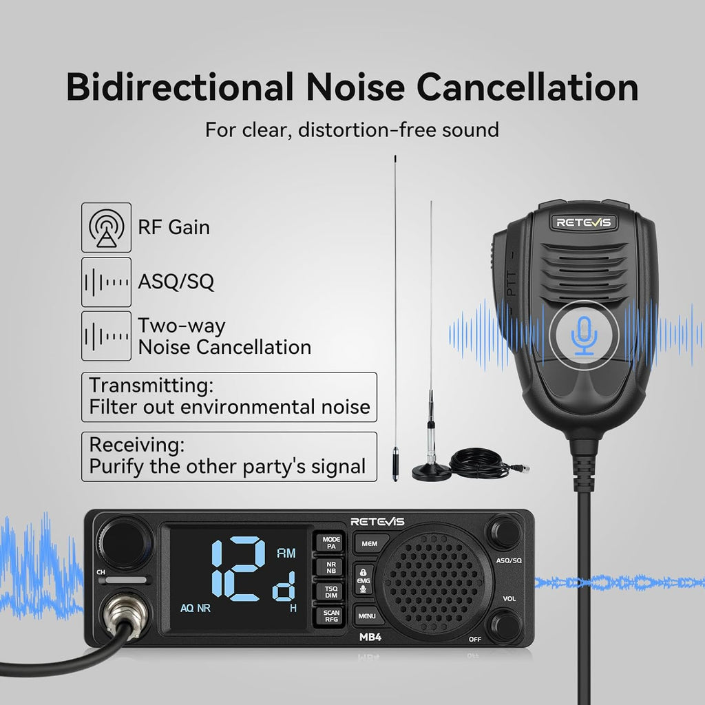 Retevis MB4 DIN Mount CB Radio Kit, NRC Noise Canceling Mobile Radio, Front Facing Speaker, PA, Cigarette Lighter, 40-Channel AM/FM, Long Range CB Radio with Antenna for Trucker Off Road Emergency