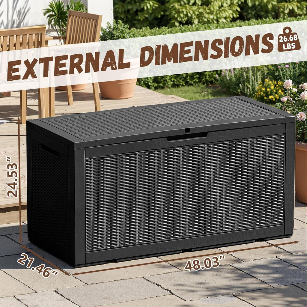 EFU Outdoor Storage Box 100 Gallon Deck Box Resin Outdoor Toy Storage With Lockable Lid, Hydraulic Struts, Rattan Style Package Delivery Boxes for Outside Patio Yard Garden (Black)