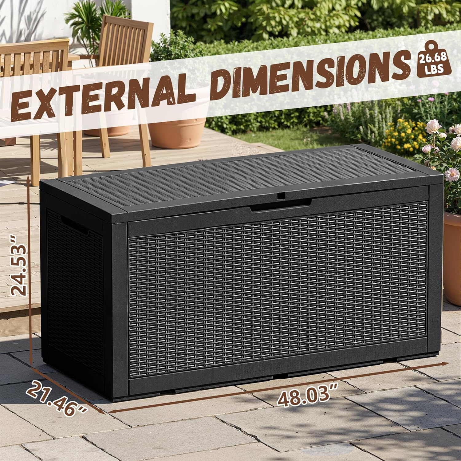 EFU Outdoor Storage Box 100 Gallon Deck Box Resin Outdoor Toy Storage With Lockable Lid, Hydraulic Struts, Rattan Style Package Delivery Boxes for Outside Patio Yard Garden (Black)