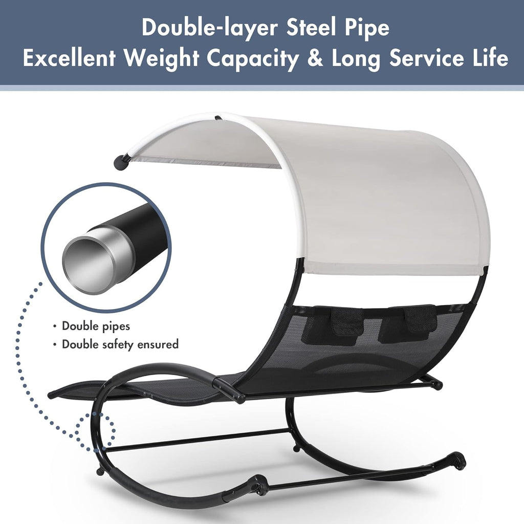 Double Chaise Lounge, Outdoor Bed Lounger with Sun Shade & Wheels, Double Lounge Chair with Canopy & Headrest Pillows for Patio, Yard, Lawn, Black