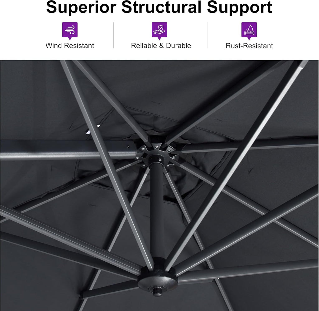 PURPLE LEAF 10 Feet Square Cantilever Umbrella Patio Umbrella with Base Outdoor Umbrella Aluminum Offset with 360-degree Rotation for Garden Deck Pool Patio Black