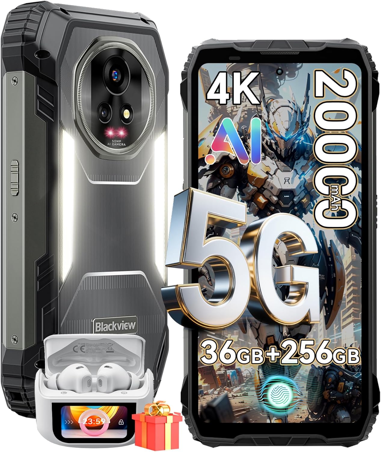 Blackview XPLORE 2 Gemini AI 5G Rugged Phone with Projector, Dimensity 8300 Android 15 6.73" 3.2K AMOLED 20000mAh/120W 36GB+256GB T-Mobile, 50MP+20MP Night Vision, 467LM Dual Camp Lights WiFi6E IP69K