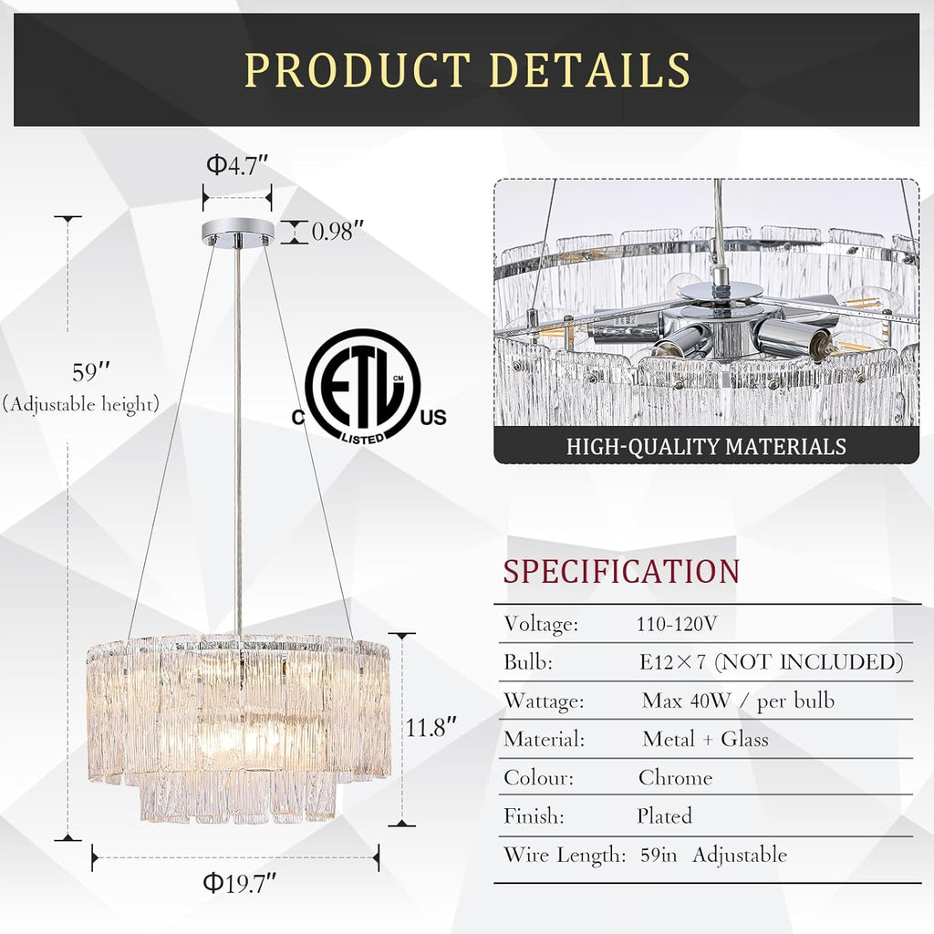Modern Chrome Chandeliers, 20” 7-Light Crystal Glass Ceiling Pendant Light Fixtures Luxury Round Chandelier 2 Tiers Hanging Lighting for Dining Room Foyer Living Room Bedroom