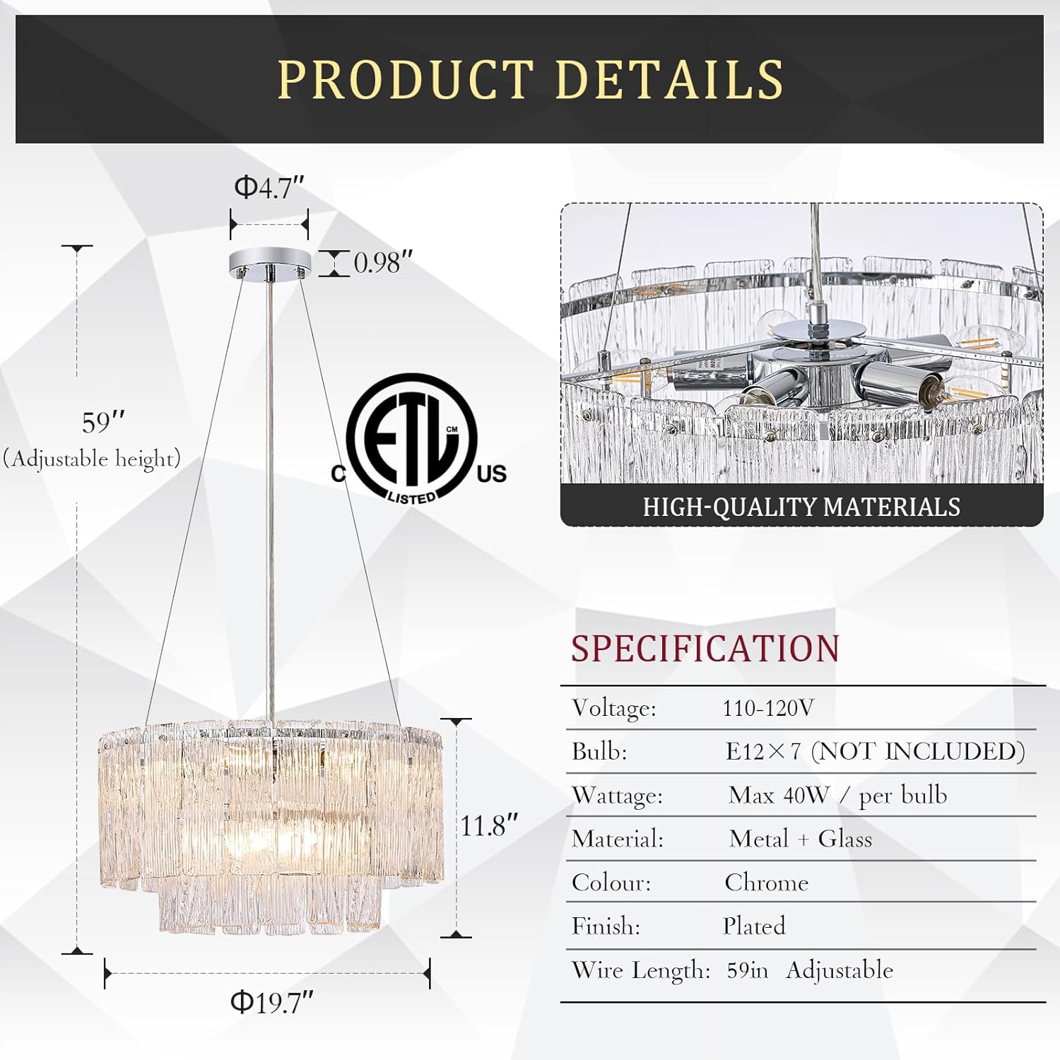 Modern Chrome Chandeliers, 20” 7-Light Crystal Glass Ceiling Pendant Light Fixtures Luxury Round Chandelier 2 Tiers Hanging Lighting for Dining Room Foyer Living Room Bedroom