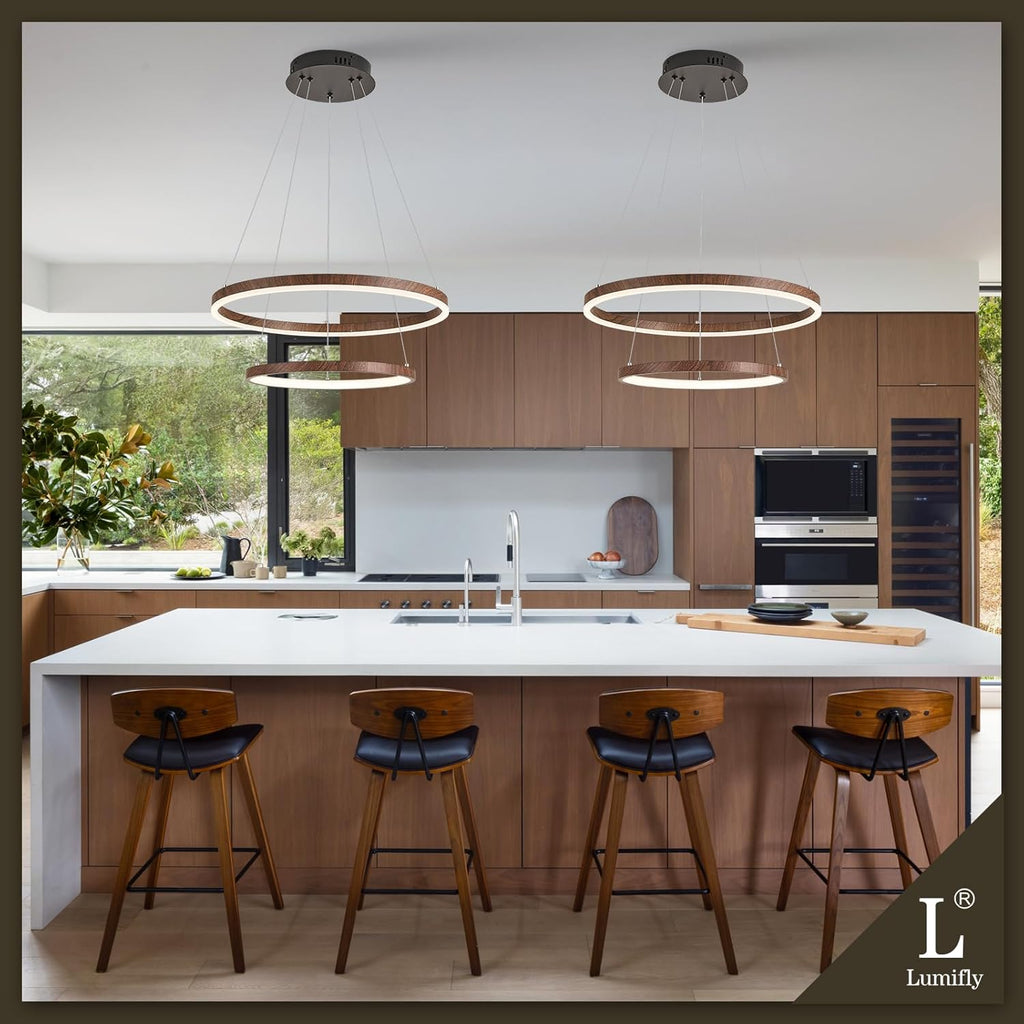 2 Rings Chandelier Modern LED Pendant Light for Dining Room Circular Round Chandelier Dimmable with Remote Wood Grain Hanging Ceiling Lights for Entryway Bedroom, 20 Inches 3000K-6500K