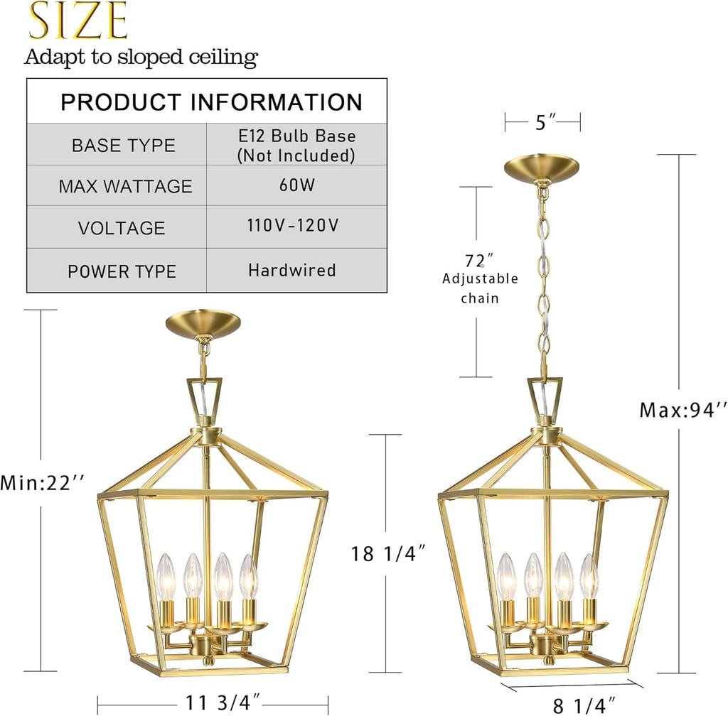 Untrammelife Gold Lantern Chandelier 4-Light Pendant Light Modern Hanging Pendant Light Fixtures in Brushed Brass Finish, Adjustable Metal Chain Geometric Chandelier for Kitchen Island Stair Foyer