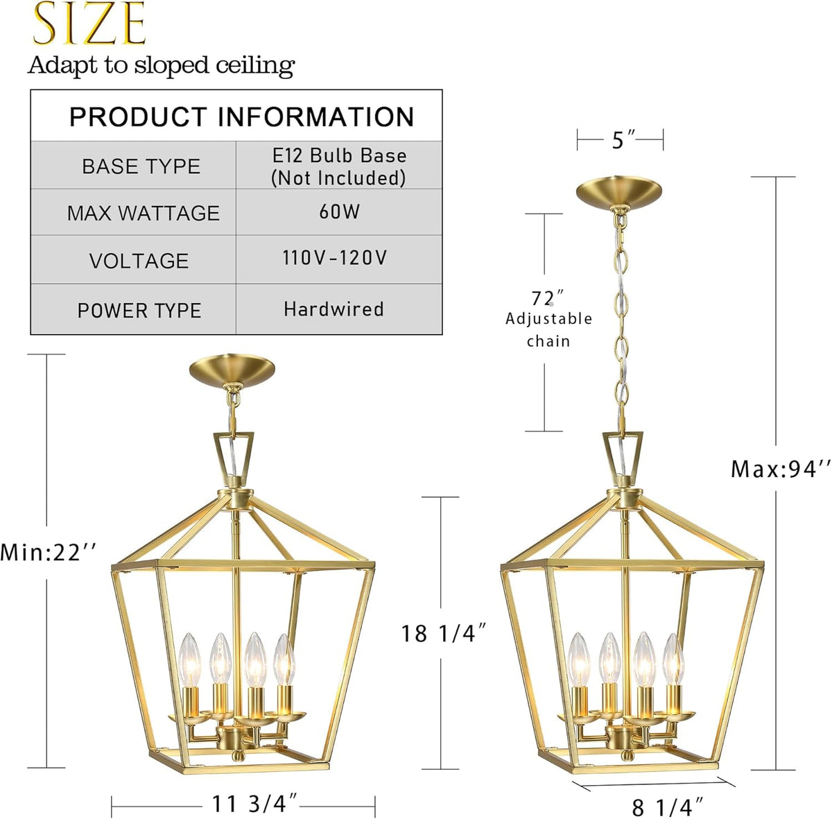 Untrammelife Gold Lantern Chandelier 4-Light Pendant Light Modern Hanging Pendant Light Fixtures in Brushed Brass Finish, Adjustable Metal Chain Geometric Chandelier for Kitchen Island Stair Foyer