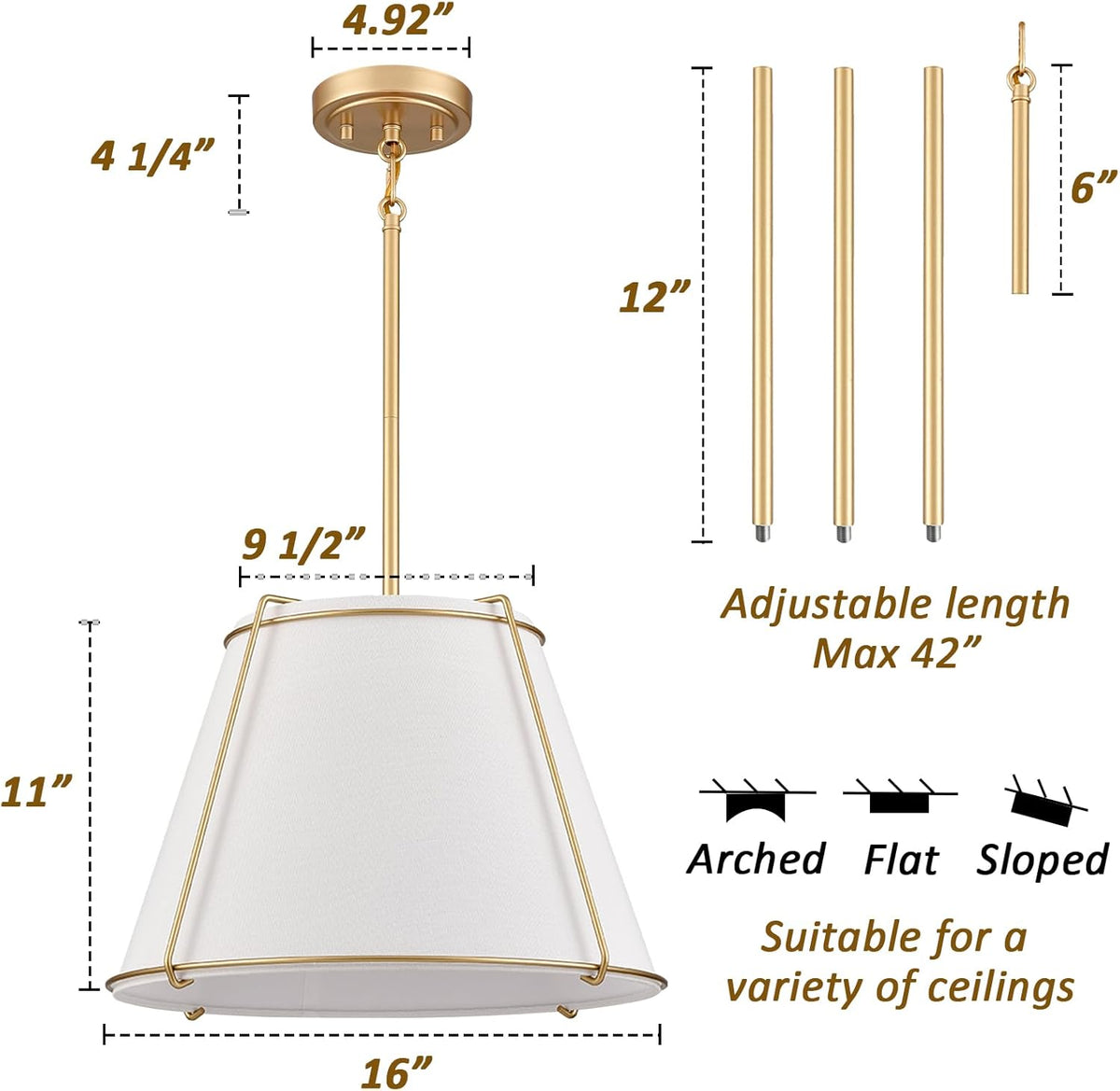 Cone Pendant Light Fixture with Metal Lantern Fabric Drum Shade 16" White and Gold Chandeliers for Kitchen Dining Room Living Room Bedroom