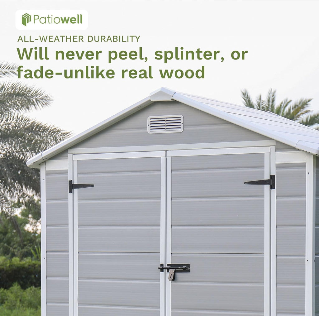 Patiowell 6 x 4 FT Plastic Outdoor Storage Shed with Floor, Resin Outside Sheds with Window, Garden Tool Shed with Lockable Door for Patio Storage, Backyard, Light Gray
