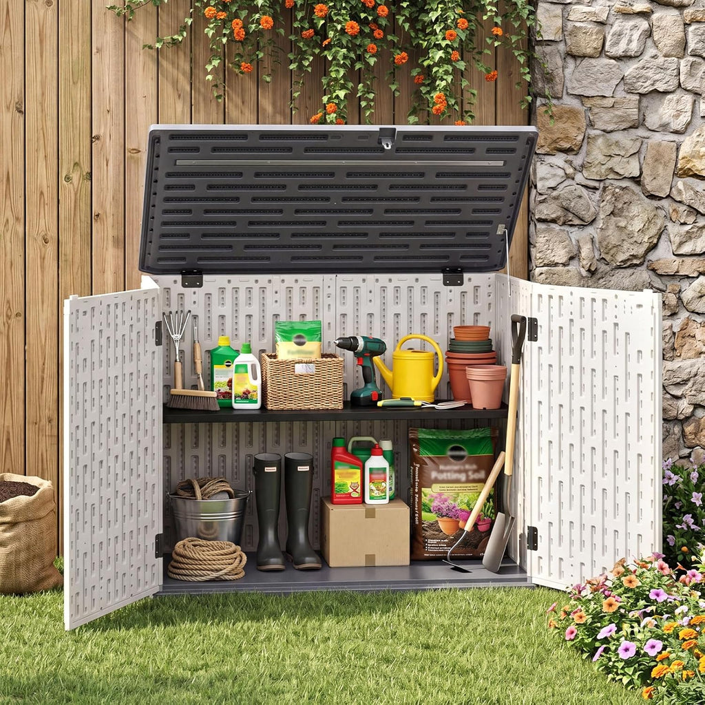 Tangkula Large Outdoor Storage Cabinet, 20 Cu.Ft Horizontal Resin Storage Shed with Adjustable Shelf & Lockable Doors, Weatherproof Patio Storage Box for Gardening Tools Cushions (White)