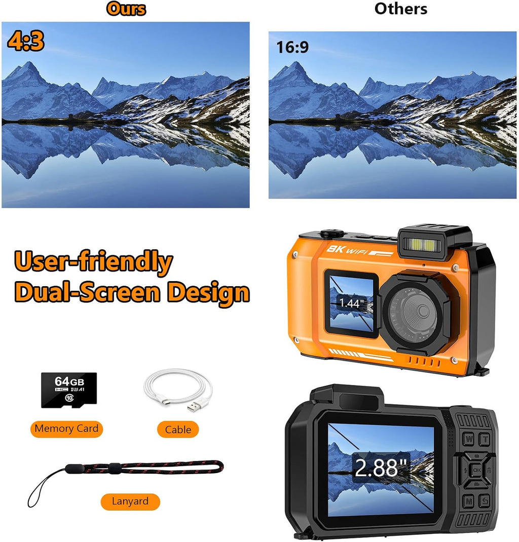 UHD 8K Underwater Camera, 70MP 33FT WiFi Waterproof Digital Camera with 64GB Card, Auto Focus Waterproof Dual-Screen Selfie 2500mAh Battery, 18X Floatable Digital for Snorkeling, Orange