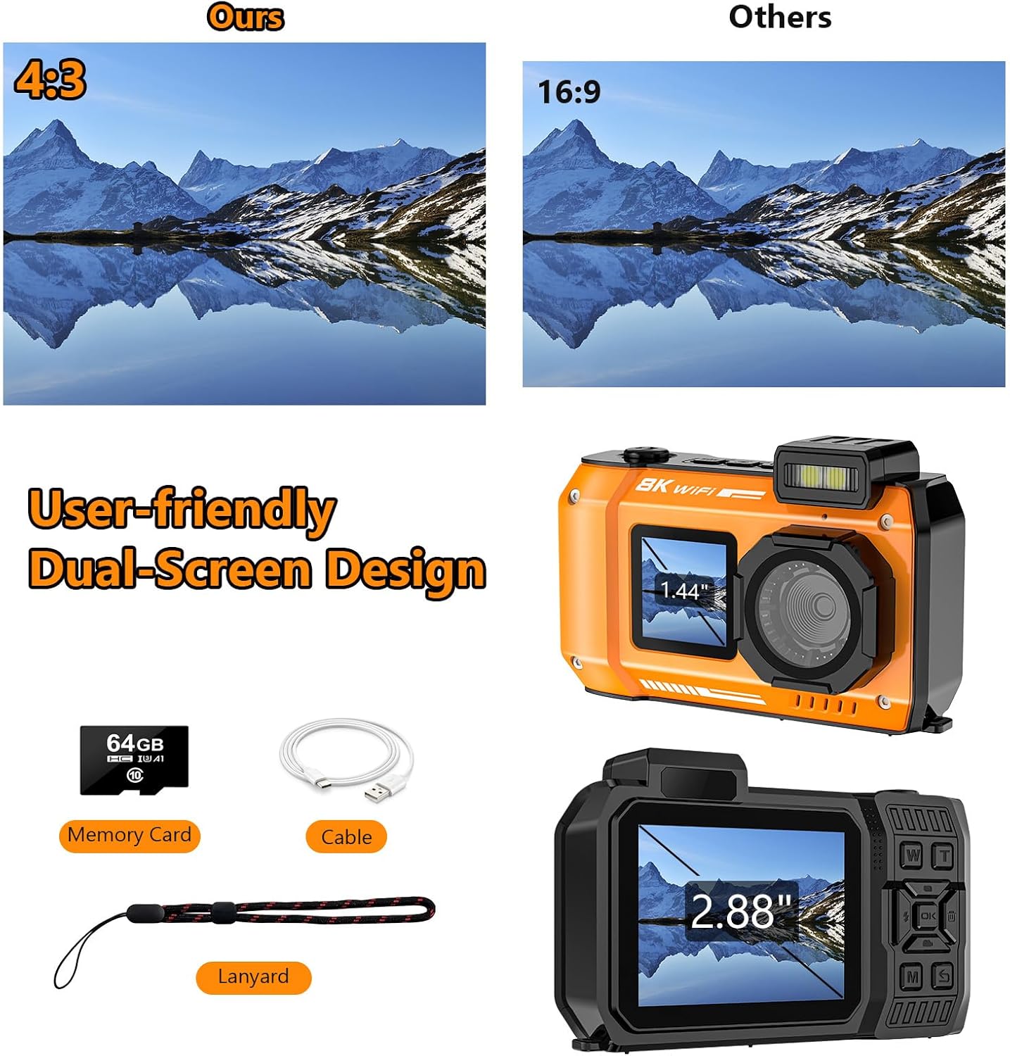 UHD 8K Underwater Camera, 70MP 33FT WiFi Waterproof Digital Camera with 64GB Card, Auto Focus Waterproof Dual-Screen Selfie 2500mAh Battery, 18X Floatable Digital for Snorkeling, Orange