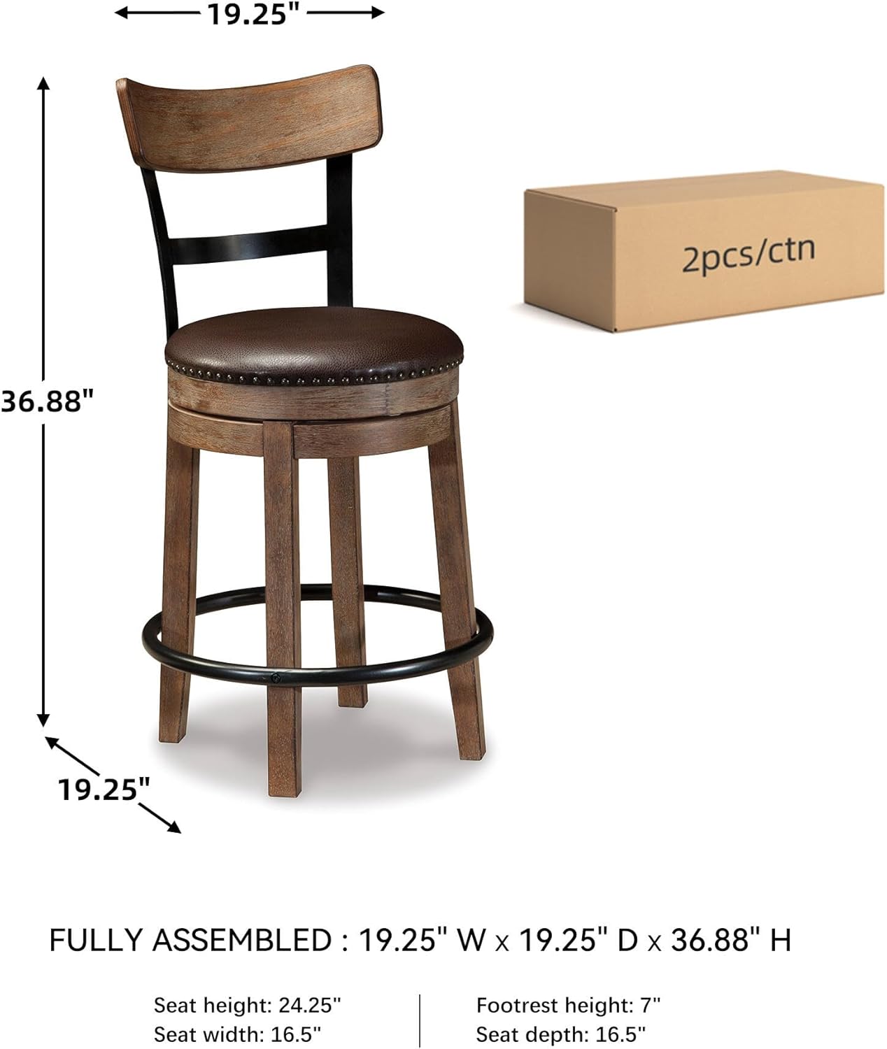 Signature Design by Ashley Pinnadel Bar Stool, Swivel Counter Height Stool Chair With Faux Leather Seat, Wood and Metal Frame for Kitchen Island With Seating, Light Brown