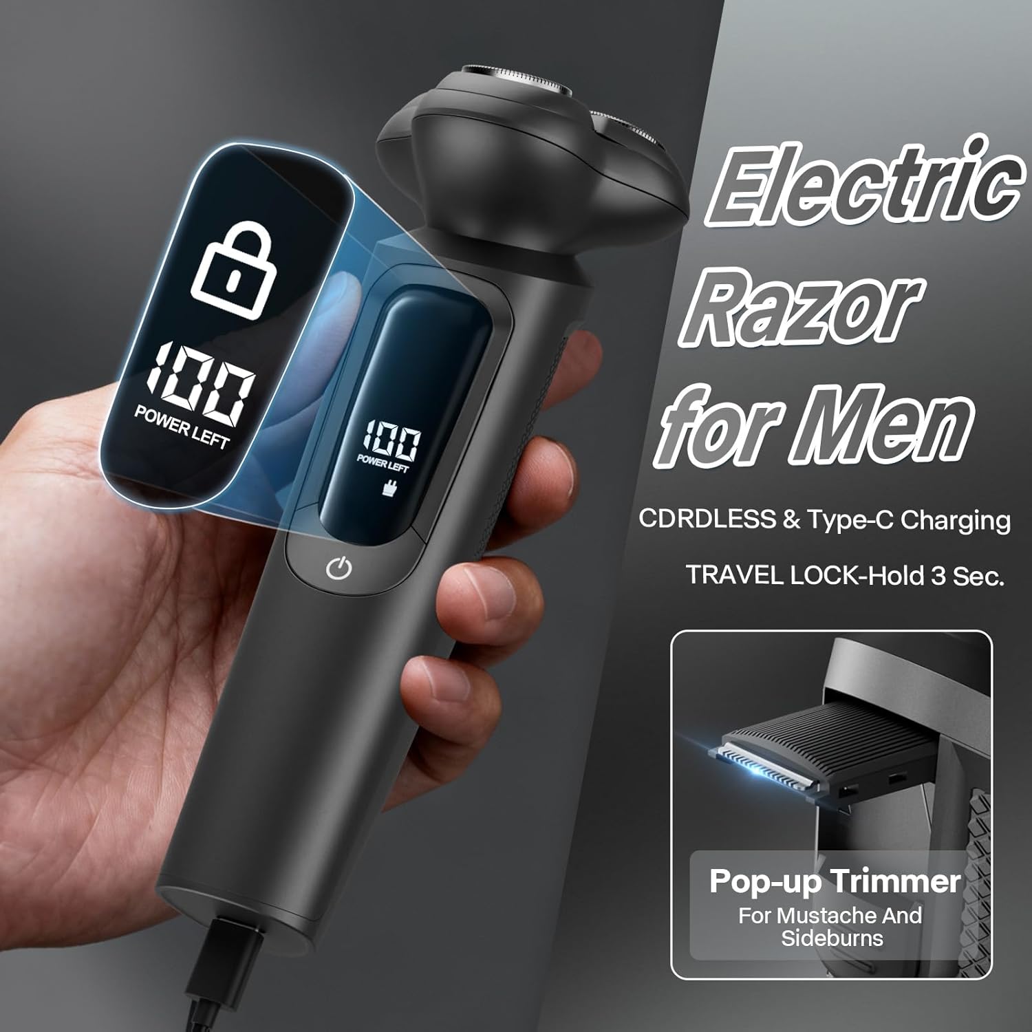 Electric Razor for Men, 3D Flex Blades with Pop-Up Trimmer, IPX8 Waterproof, Type-C Quick Charge, LED Display, Travel Lock, Wet & Dry Shave, Sleek Gunmetal