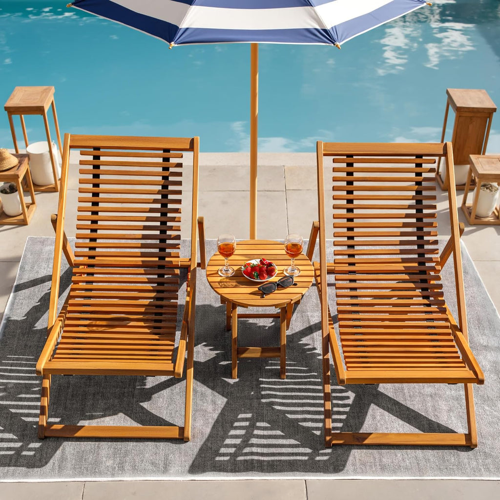 Flamaker 3-Piece Acacia Wood Patio Set, Chaise Lounge Chairs for 2 and Side Coffee Table, Adjustable and Foldable, for Pool, Beach, Backyard, No Assembly