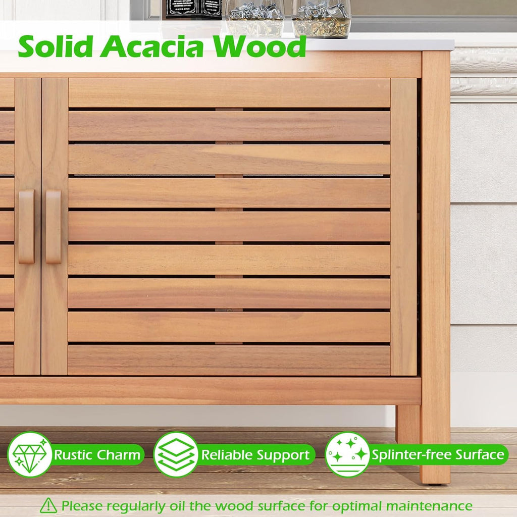 Goplus Patio Storage Cabinet, 2-Door Acacia Wood Console Table with Faux Marble Top, Outdoor Wooden Sideboard for Deck, Garden, Backyard & Entryway