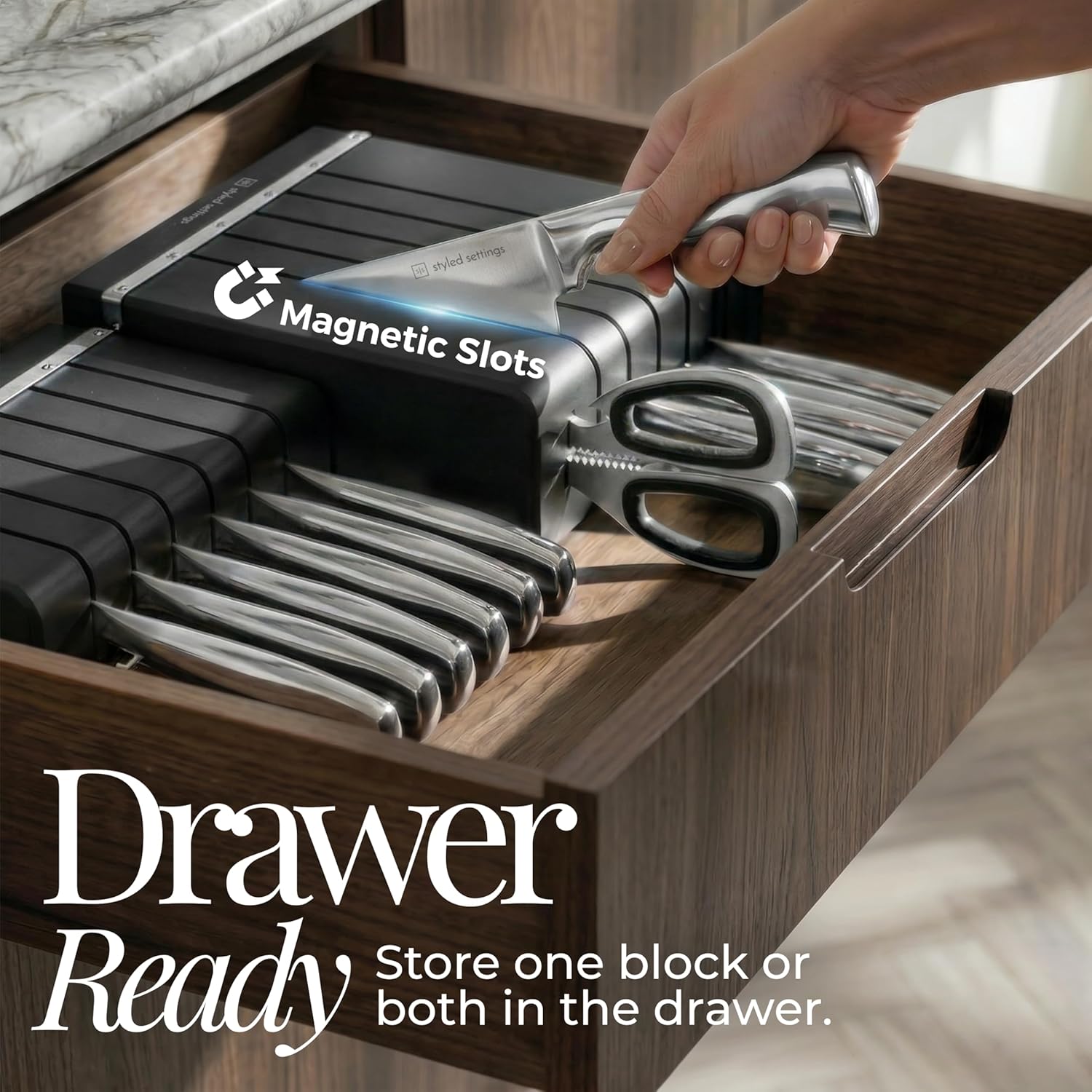 German Stainless Steel Kitchen Knife Block Set with Built-in Sharpener - 2-in-one Space Saving Magnetic Countertop and Knife Drawer Organizer with Stainless Steel Knives, Ideal Gift