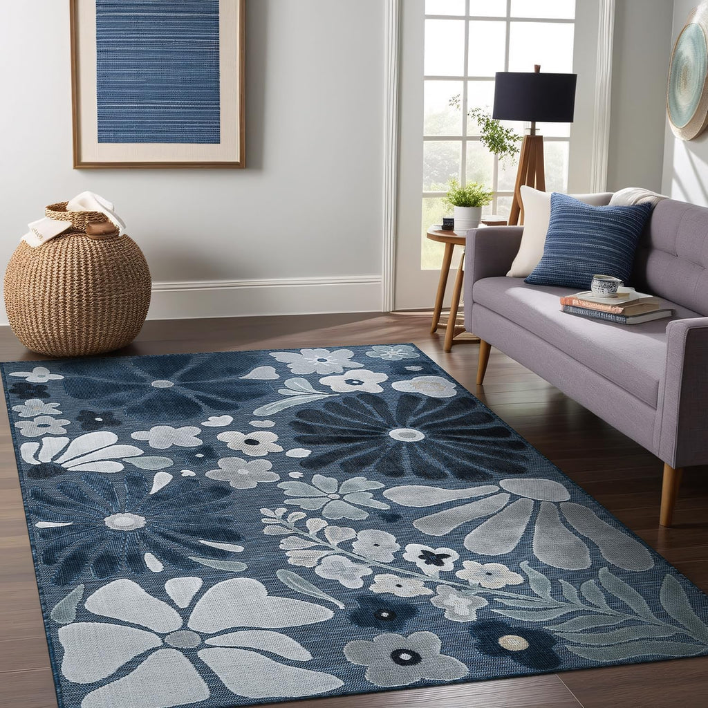 Beverly Rug Outdoor Rug 6x9 Modern Floral Tropical Area Rugs for Outdoor and Indoor Patio Easy to Clean Non Shedding Living Room Porch Garden Washable Outside Carpet (6 x 9 Navy)
