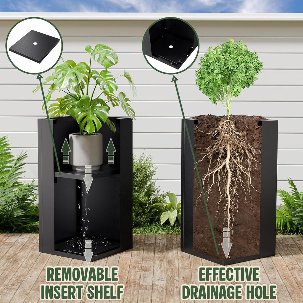 Tall Metal Planters Box for Outdoor Plants 2 Pack- 23.6" Modern Steel Tall Square Planter with Removable Insert Shelf, Heavy Duty Pedestal Planter Front Porch Decor Patio Garden, Black