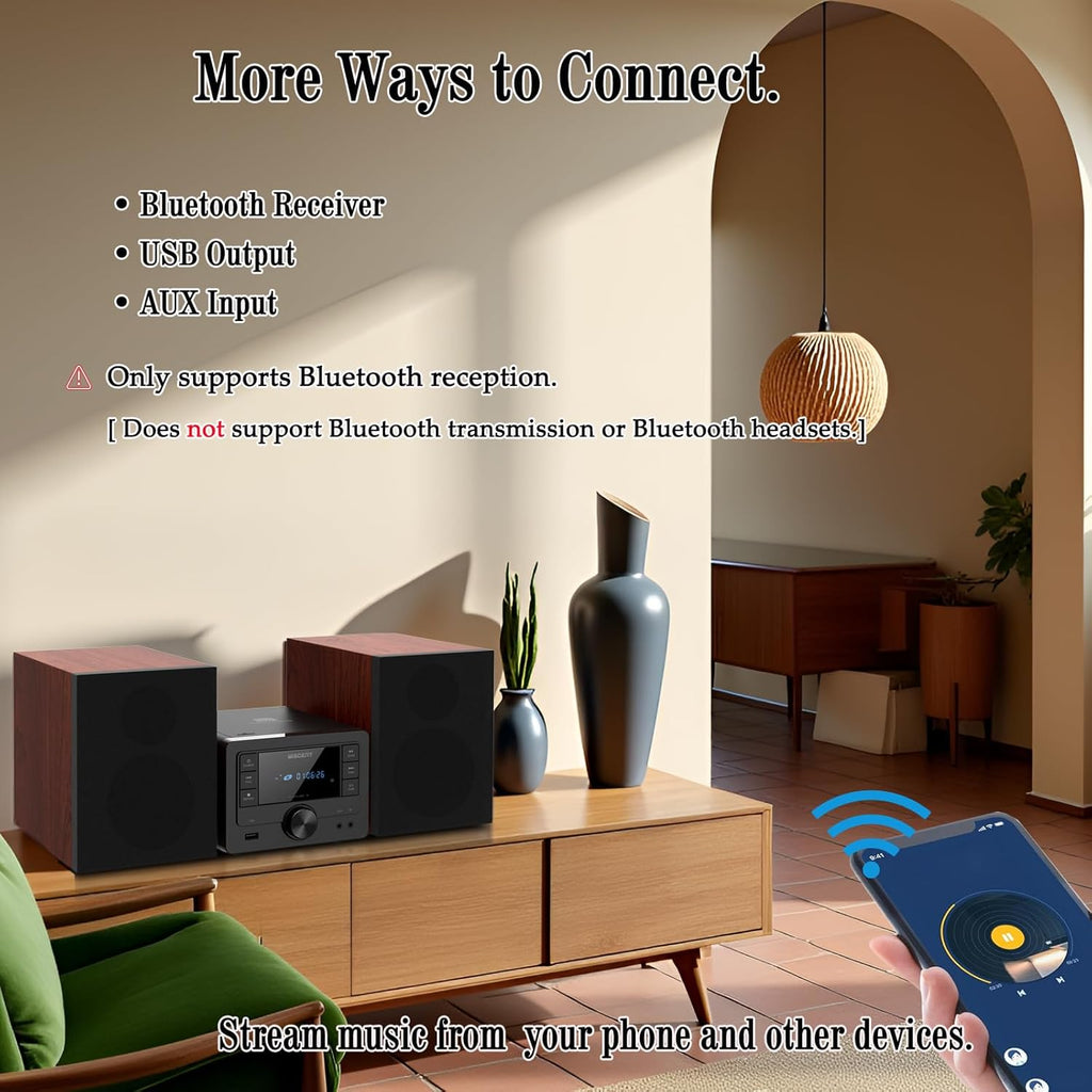 WISCENT Bluetooth Stereo System 40W for Home, CD Player with Wireless Streaming, MP3/USB/Audio in/FM Radio, Powerful Home Audio Sound System
