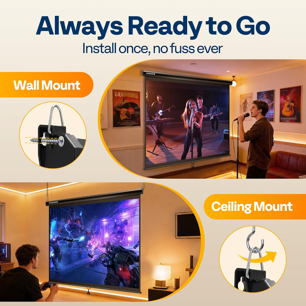 VIVOHOME 120 Inch 1:1 Pull Down Projector Screen, HD 4K Retractable Movie Screen for Indoor Home Theater and Office, Manual Projection Screen with Auto Locking (84Wx84H Inch Display Area), Black