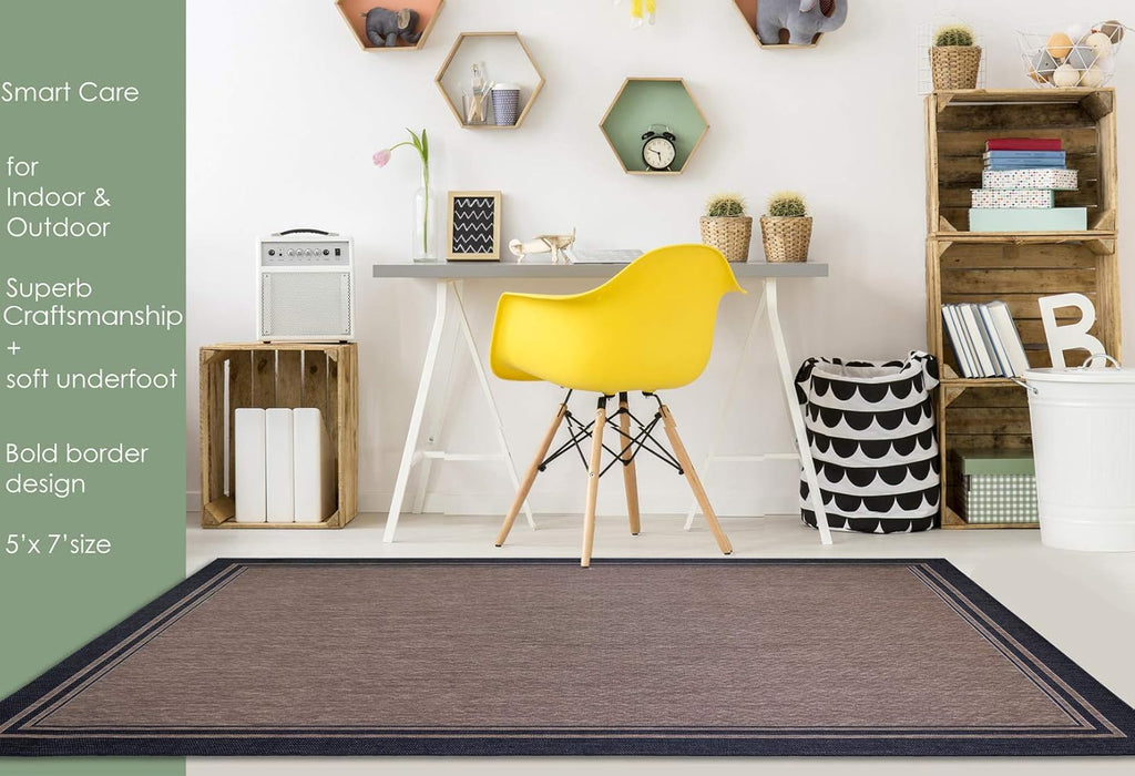 Gertmenian Indoor/Outdoor Flatweave Area Rug - 5x7 Standard, Stain & UV Resistant, Ideal For Deck, Patio, Poolside, Mudroom - Simple Border, Black Tan, 21490